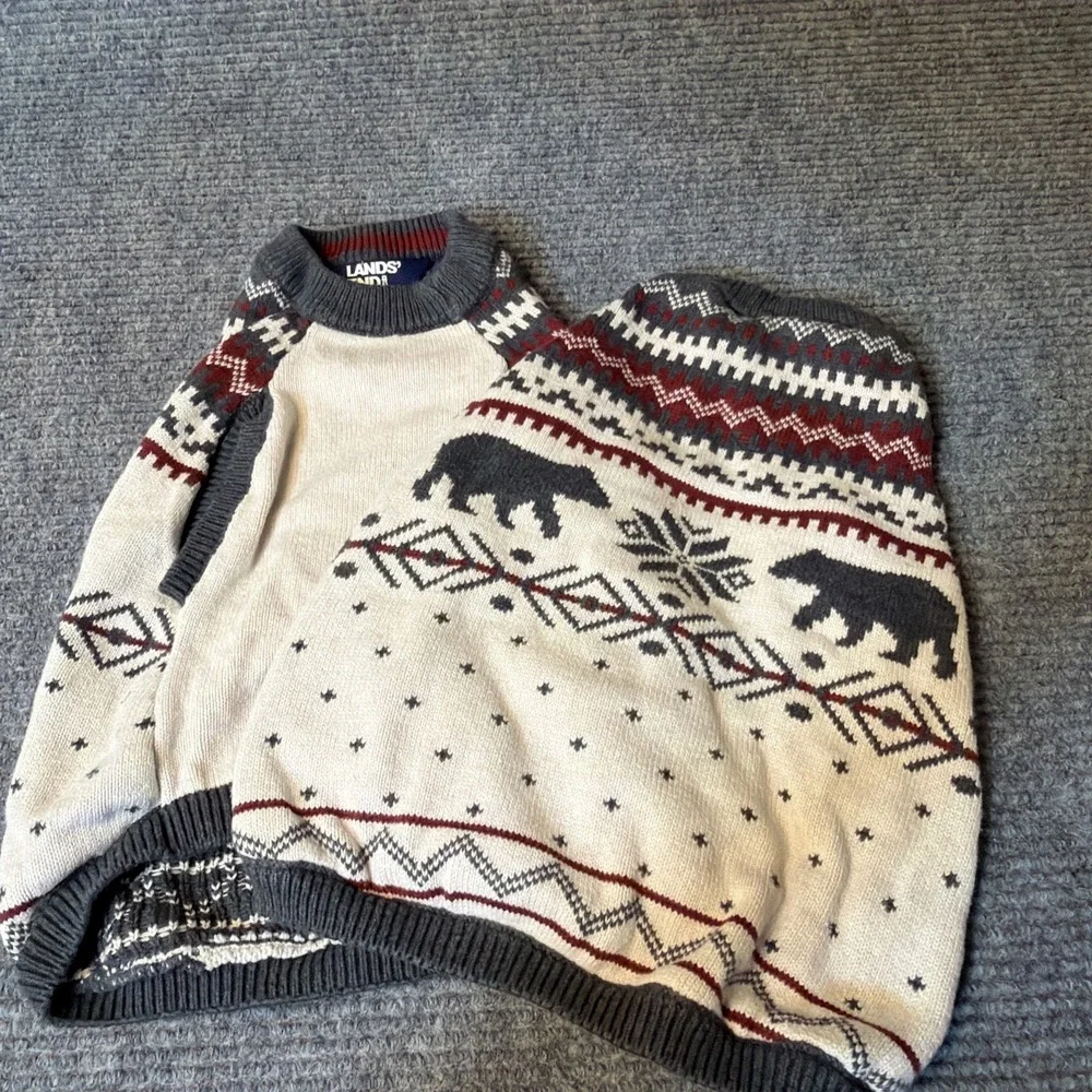 Lands' End Fair Isle Bear Dog Family Holiday Sweater,Cream,Size MED Dog Sweater